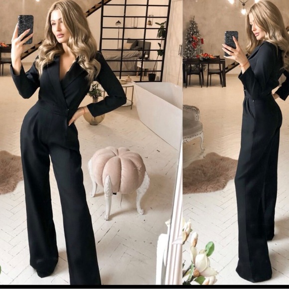 Black formal jumpsuit long-sleeved wide legs v-neck - Picture 2 of 2